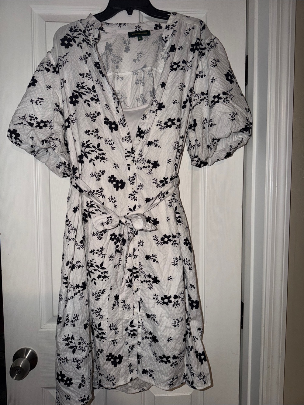 Black & White Floral Tie-Waist Midi Dress